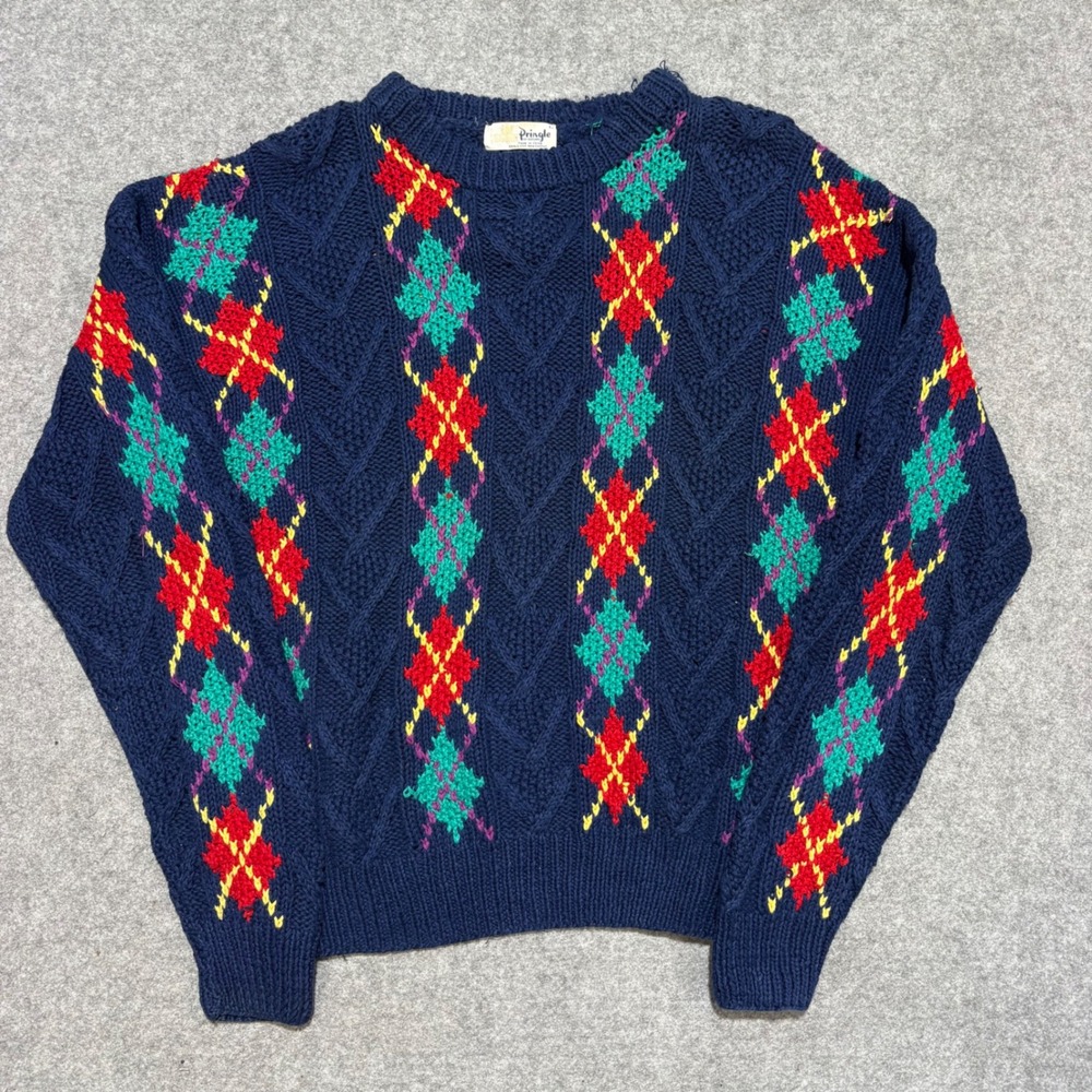 Vintage Pringle of Scotland Navy Argyle Cable Knit Linen Cotton Sweater Large